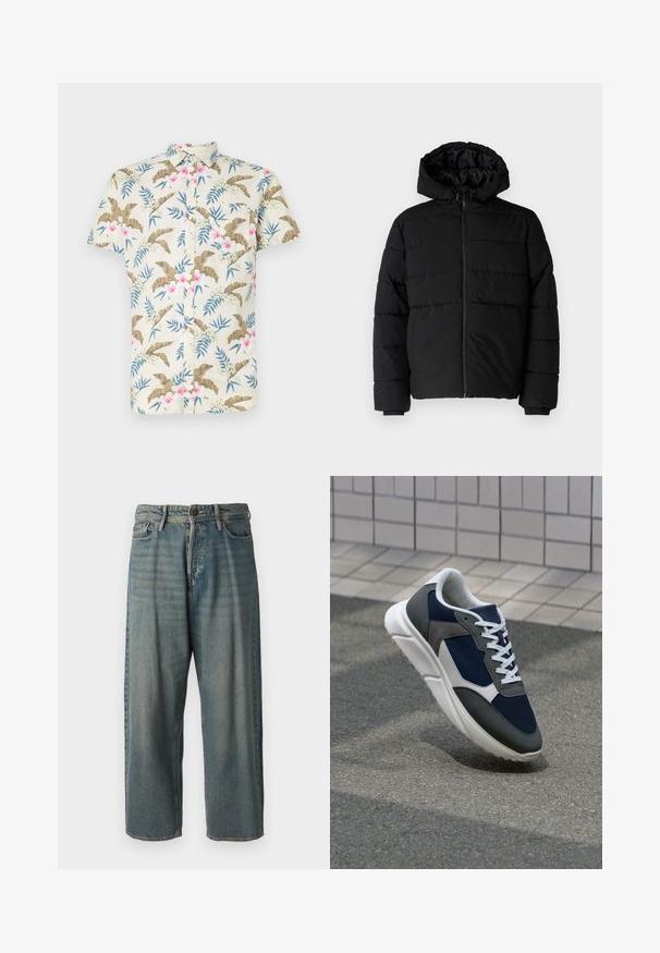 Μαύρο μπουφάν με φερμουάρ μπροστά, κουκούλα και οριζόντιο ραμμένο σχέδιο. Κατασκευασμένο από ομαλό, ανθεκτικό ύφασμα με ριγέ μανσέτες.; Μπλούζα κοντού μανικιού από ανοιχτό μπεζ βαμβάκι, με τροπικό λουλούδινο σχέδιο σε ροζ και μπλε αποχρώσεις, και κουμπωτό μπροστινό μέρος.; Ανοιχτό μπλε τζιν παντελόνι με χαλαρή γραμμή, μέση μέσου ύψους και ευθείες γραμμές. Περιλαμβάνει πέντε τσέπες, θηλιές ζώνης και κούμπωμα με κουμπί.; Αθλητικά παπούτσια με επάνω μέρος από ναυτικό μπλε διχτυωτό ύφασμα, γκρι σουέτ λεπτομέρειες, λευκή καουτσούκ σόλα και επίπεδα λευκά κορδόνια, σχεδιασμένα για άνεση και αερισμό.