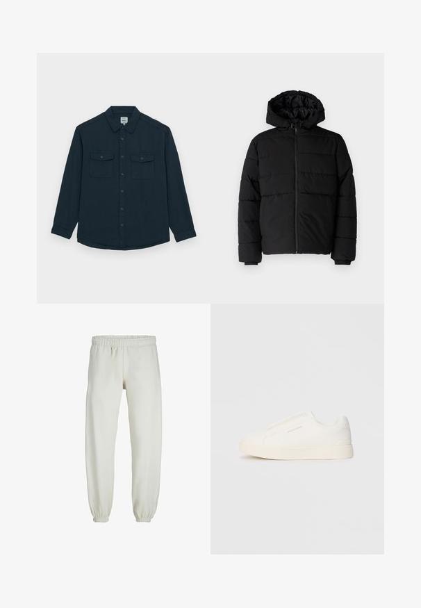 Svart puffjacka med dragkedja fram, huva och horisontellt quiltat mönster. Tillverkad av ett slätt, hållbart tyg med ribbade ärmslut.; Redefined Rebel COOPER REGULAR FIT PLUS - Skjorta - navy; Vita sweatpants gjorda av mjukt tyg, med elastisk midja och muddar, samt en slät textur och lös passform.; Vita slip-on sneakers med en texturerad yta, en tjock sula och minimalistisk design. Har varumärkeslogotypen på sidan.