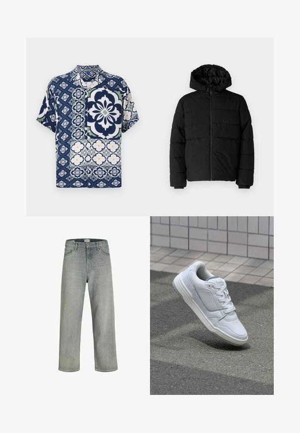 Svart boblejakke med glidelås foran, hette og horisontalt quiltet design. Laget av et glatt, slitesterkt stoff med ribbede cuffs.; Korte erm skjorte i marineblått med blomster- og geometriske mønstre, med knappelukking, myk stoff og kontrasterende grønne og hvite detaljer.; Lys grå, løstsittende jeans laget av denim. Har en klassisk fem-lomme-design, beltehemper og en rett ben-silhuett.; Hvite lær sneakers med perforerte sider, teksturerte detaljer, flate lisser og en kontrasterende grå hæl. Har en lite hevet såle.