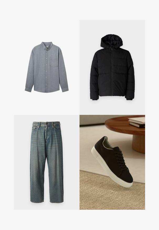 Črna puhovka z zadrgo spredaj, kapuco in vodoravno šivano obliko. Narejena je iz gladkega, trpežnega materiala z rebrastimi manšetami.; Sivina srajca z dolgimi rokavi, ovratnikom, enim žepom na rokavu in teksturirano tkanino. Zapenja se s prozornimi gumbi po sprednji strani.; Svetlomoderne kavbojke z ohlapnim krojem, srednjim pasom in ravnimi nogami. Imajo pet žepov, zanke za pas in zapiranje na gumb.; Črni športni copat z belim podplatom lebdi nad bež teksturiranim preprogam blizu okroglega lesenega mize z zloženimi knjigami.