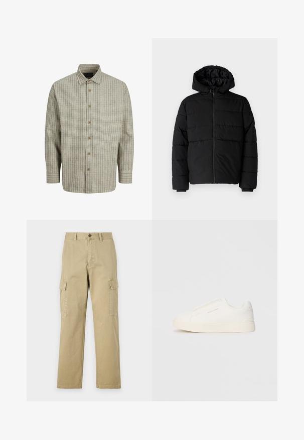 Musta puhvijakku, jossa on vetoketjukiinnitys, huppu ja vaakasuora tikkauksen rakenne. Valmistettu sileästä, kestävästä kankaasta, jossa on röpelöiset hihansuut.; Napapaita, joka on valmistettu kevyestä kankaasta ja jossa on vaaleanbeige ja tummansininen ruutukuosi, leveä kaulus ja puiset napit.; Beige cargo-housut, jotka on valmistettu puuvillasta, ja niissä on kaksi sivutaskua, napp Closure ja suorat lahkeet, joissa on hieman teksturoitu kangas.; Valkoiset liukusukat, joissa on teksturoitu pinta, paksu pohja ja minimalistikot. Sivulla on brändin logo.