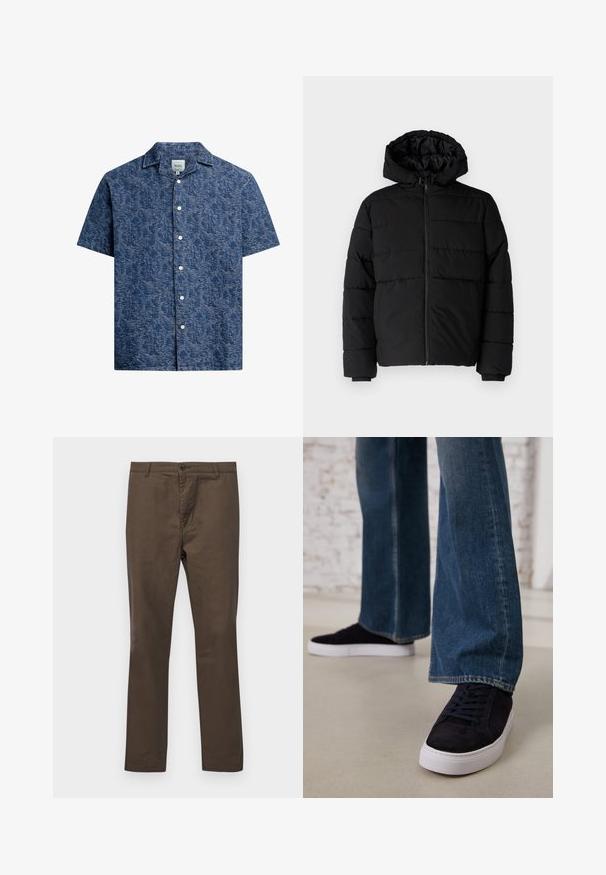 Crni puffer kaput s patentnim zatvaračem sprijeda, kapuljačom i horizontalnim šavovima. Izrađen od glatkog, izdržljivog materijala s rebrastim manžetama.; Košulja kratkih rukava s gumbima, izrađena od teksturirane tamnoplave tkanine sa suptilnim uzorkom i klasičnom kragnom. Ima bijele gumbe duž prednje strane.; Marron pamuk hlače s ravnim nogavicama, s kopčanjem na gumb i petljama za remen, glatke teksture bez uzoraka ili naglasaka.; Tamno plave ante bluze tenisice s bijelim gumam potplatom i vezicama, u kombinaciji s trapericama širokih nogavica u srednje plavoj boji.