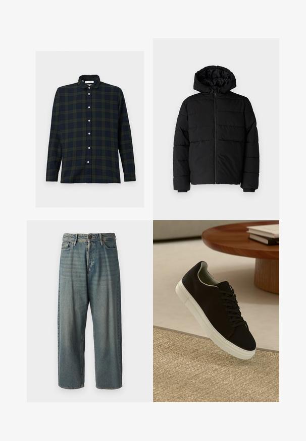 Čierna puff jacket s predným zipsom, kapucňou a horizontálnym prešívaním. Vyrobená z hladkej, odolnej tkaniny s rebrovanými manžetami.; Dlhý rukáv károvaná košeľa v tmavozelenej a námorníckej modrej farbe, vyrobená z bavlny, s koľkom na zapínanie a predným zapínaním na gombíky.; Svetlomodré denimové nohavice so voľným strihom, stredne vysokým pásom a rovnými nohavicami. Obsahujú päť vreciek, pútka na opasok a zapínanie na gombík.; Čierna teniska s bielou podrážkou plávajúca nad béžovým textúrovaným kobercom pri okrúhlom drevenom stole s hromadou kníh.