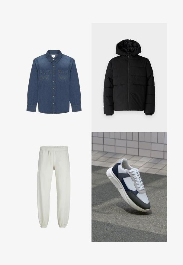 Crni puffer kaput s patentnim zatvaračem sprijeda, kapuljačom i horizontalnim šavovima. Izrađen od glatkog, izdržljivog materijala s rebrastim manžetama.; Traper košulja u tamnoplavoj boji s ovratnikom na dugmad, dva džepa na prsima s kontrastnim šavovima i dugim rukavima s dugmadima na manžetama.; Bijele trenirke napravljene od mekanog materijala, s elastikom u struku i na manžetama, glatke teksture i labavog kroja.; Bijela, mornarsko plava i siva tenisica s dizajnom od miješanih materijala, koja ima teksturirani gornji dio, ravne vezice i udoban đon.