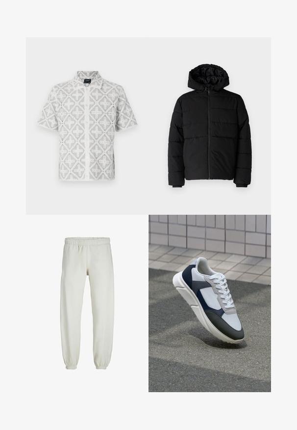 Czarna kurtka puchowa z zamkiem z przodu, kapturem i poziomym pikowaniem. Wykonana z gładkiego, trwałego materiału z prążkowanymi mankietami.; Koszula z krótkim rękawem w białym kolorze z szarymi wzorami geometrycznymi, z kołnierzykiem typu ostrego i zapięciem na guziki, prezentująca detale ażurowe.; Białe dresy wykonane z miękkiego materiału, z elastycznym pasem i mankietami, o gładkiej fakturze i luźnym kroju.; Białe, granatowe i szare sneakersy o mieszanej konstrukcji, z teksturowanym wierzchem, płaskimi sznurowadłami i amortyzowaną podeszwą.