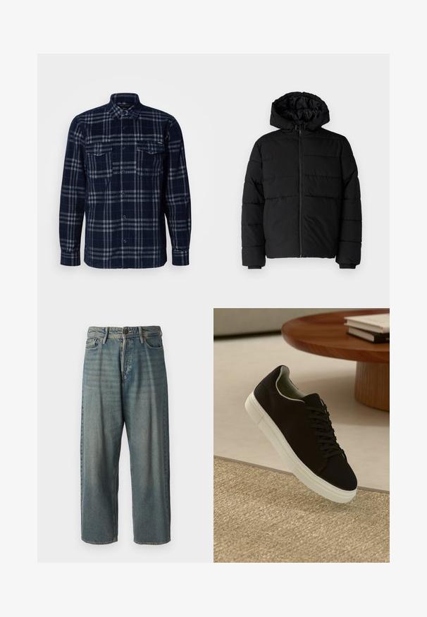 Giacca a vento nera con zip frontale, cappuccio e design a righe orizzontali. Realizzata in un tessuto liscio e resistente con polsini a coste.; Camicia azzurra navy con pattern a quadri grigi, due tasche sul petto con patte a bottone e colletto pieghevole.; Jeans di denim azzurro chiaro con vestibilità ampia, vita media e gambe dritte. Presenta cinque tasche, passanti per cintura e chiusura con bottone.; Sneaker nero con suola bianca che flotta sopra un tappeto beige testurizzato vicino a un tavolo rotondo in legno con libri impilati.