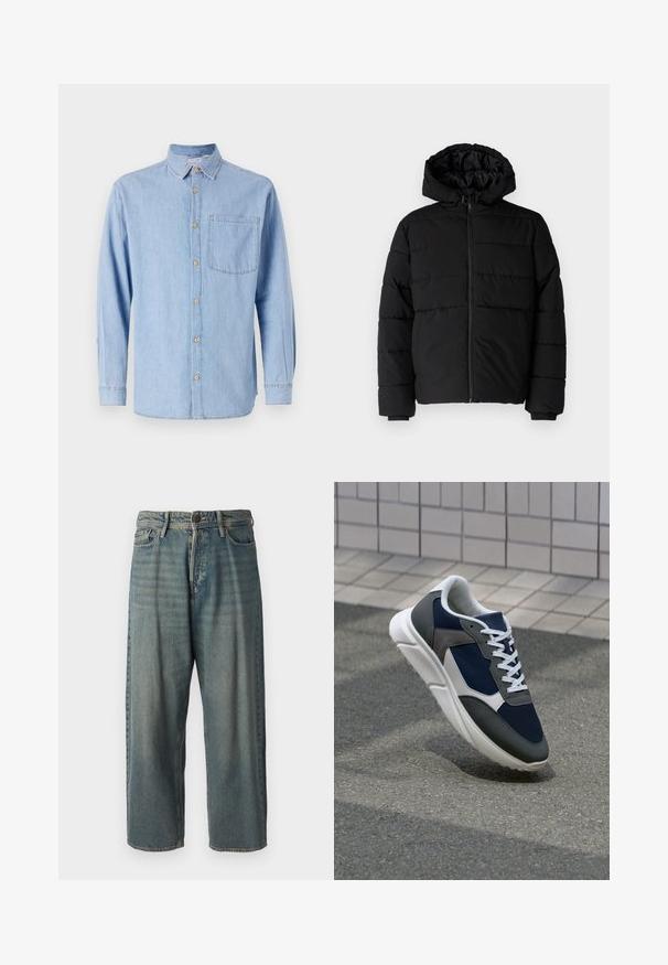 Fekete puff dzseki cipzárral elöl, kapucnival és vízszintes steppelt mintázattal. Simább, tartós anyagból készült, bordázott mandzsettákkal.; Világoskék farmering, gombos gallérral, hosszú ujjú, egy mellzsebbel. Barna gombdíszítéssel és kontrasztos varrással rendelkezik.; Világoskék farmernadrág, laza fazonnal, közepes derékbőséggel és egyenes szárral. Öt zsebet, övbucskát és gombos záródást tartalmaz.; Cipő, amelynek sötétkék hálós felsőrésze, szürke velúr díszítései, fehér gumitalpa és lapos fehér fűzője van, a kényelem és a légáteresztő képesség érdekében tervezve.