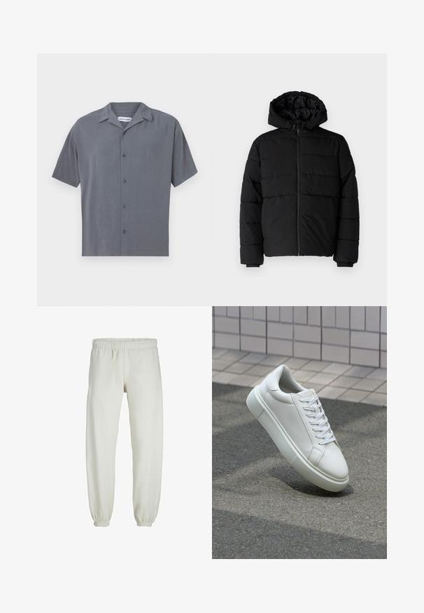 Crni puffer kaput s patentnim zatvaračem sprijeda, kapuljačom i horizontalnim šavovima. Izrađen od glatkog, izdržljivog materijala s rebrastim manžetama.; Svičerska košulja kratkih rukava, tamnosiva, izrađena od glatkog materijala. Ima rašireni ovratnik i šest prednjih dugmadi. Minimalistički dizajn.; Bijele trenirke napravljene od mekanog materijala, s elastikom u struku i na manžetama, glatke teksture i labavog kroja.; Bijela kožna tenisica s glatkom površinom, okruglim vrhom i ravnim bijelim vezicama. Ima teksturiran gumeni potplat i minimalne dizajnerske elemente.