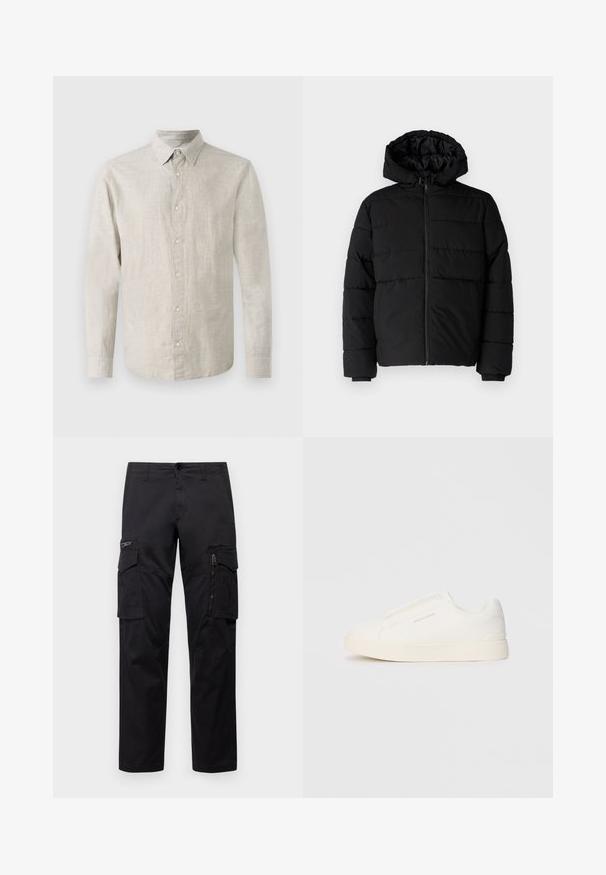 Zwarte pufferjack met een ritssluiting aan de voorkant, een capuchon en een horizontaal gestikt ontwerp. Gemaakt van een gladde, duurzame stof met ribgebreide manchetten.; Lichtbeige langemouwen shirt van textuurstof, met een knoopsluiting aan de voorkant, een kraag en manchetten. Eenvoudig ontwerp zonder patronen.; Zwarte cargobroek met meerdere zakken, een ritszak op de dij, rechte pasvorm en stevige katoen met een subtiele glans.; Witte instap sneakers met een gestructureerd oppervlak, een dikke zool en een minimalistisch ontwerp. Bevat het merklogo aan de zijkant.