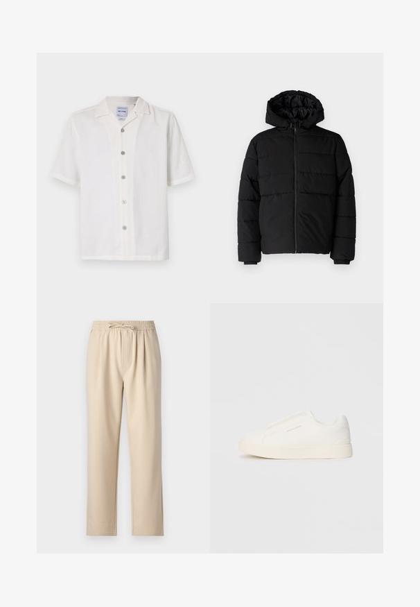 Černá péřová bunda s předním zipem, kapucí a vodorovným prošíváním. Vyrobena z hladké a odolné látky s žebrovanými manžetami.; Bílá krátká tričko s krátkým rukávem, texturovaná látka, výstřih do V a šest předních knoflíků. Obsahuje čistý, jednoduchý design.; Béžové kalhoty s elastickým pasem na šňůrku, rovný střih a měkkou, hladkou texturou látky.; Bílé slip-on tenisky s texturovaným povrchem, silnou podešví a minimalistickým designem. Na boku je umístěno logo značky.