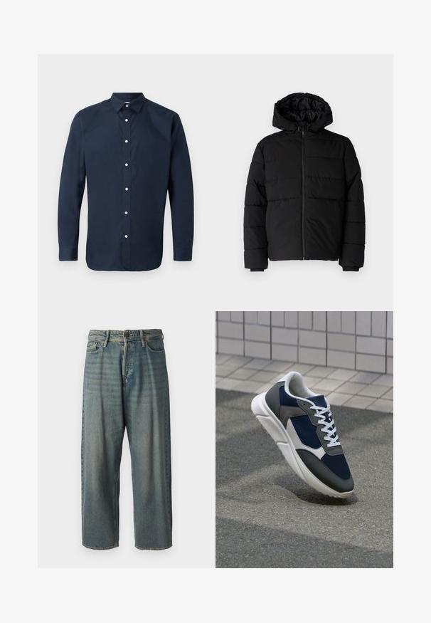 Black puffer jacket featuring a zip front, a hood, and horizontal quilted design. Made of a smooth, durable fabric with ribbed cuffs.; Navy blue long-sleeve shirt made of smooth cotton with a spread collar, front button placket, and buttoned cuffs. No visible patterns.; Light blue denim jeans with a loose fit, mid-rise waist, and straight legs. Features five pockets, belt loops, and a button closure.; Sneaker featuring a navy blue mesh upper, gray suede accents, white rubber sole, and flat white laces, designed for comfort and breathability.