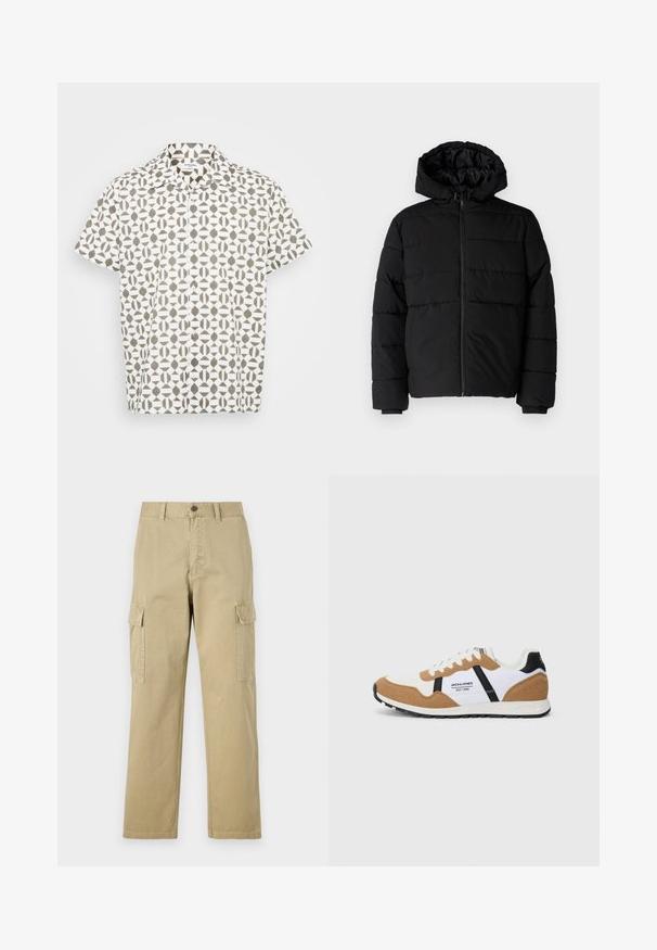 Fekete puff dzseki cipzárral elöl, kapucnival és vízszintes steppelt mintázattal. Simább, tartós anyagból készült, bordázott mandzsettákkal.; Rövid ujjú gombos ing fehér anyagból, geometrikus barna mintával. Klasszikus gallérral és finom textúrával rendelkezik.; Beige vászon cargo nadrág, két oldalsó zsebbel, gombos záródással, egyenes lábakkal és enyhén texturált anyagból készült.; Retro stílusú sportcipő fehér, bézs velúrral, fekete akcentussal, fehér fűzőkkel és a "Jack & Jones EST. 1990" logóval az oldalon.