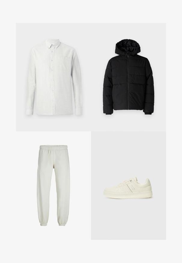 Jachetă puffer neagră cu fermoar în față, glugă și un design matlasat orizontal. Fabricată dintr-un material neted și rezistent, cu manșete ribbate.; Cămașă deschisă la culoare, cu mâneci lungi, cu dungi verticale, guler cu nasturi și un buzunar pe piept. Materialul pare texturat cu un finisaj moale.; Pantaloni de trening albi, realizati dintr-un textile moale, avand talie elastica si mansete, cu o textura fina si un design lejer.; Adidași crem cu detalii perforate, șireturi și logo pe lateral, expuși pe un fundal alb simplu.
