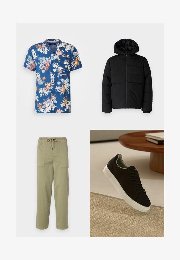 Giacca a vento nera con zip frontale, cappuccio e design a righe orizzontali. Realizzata in un tessuto liscio e resistente con polsini a coste.; Camicia a maniche corte con bottoni di colore blu navy, decorata con un motivo di foglie tropicali multicolori. Presenta una tasca sul petto, un tessuto leggero e una vestibilità comoda.; Pantaloni verde oliva chiaro realizzati in tessuto misto cotone, con una vita elasticizzata e cordoncino, e due ampie tasche laterali.; Sneaker nero con suola bianca che flotta sopra un tappeto beige testurizzato vicino a un tavolo rotondo in legno con libri impilati.