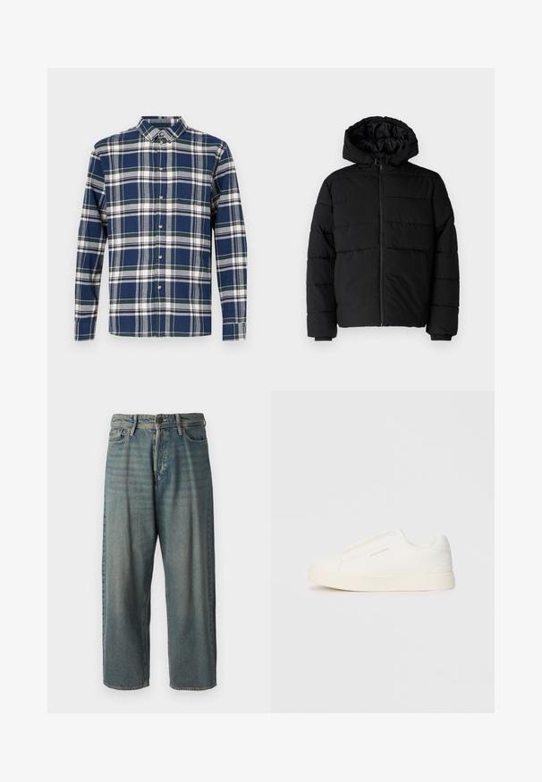 Černá péřová bunda s předním zipem, kapucí a vodorovným prošíváním. Vyrobena z hladké a odolné látky s žebrovanými manžetami.; Kostkovaná košile v námořnické modři, zelené a bílé barvě. Dlouhé rukávy, límec na knoflíky, knoflíky vpředu a levá náprsní kapsa. Bavlněná látka.; Světle modré denimové džíny s volným střihem, středně vysokým pasem a rovnými nohavicemi. Obsahují pět kapes, poutka na opasek a zapínání na knoflík.; Bílé slip-on tenisky s texturovaným povrchem, silnou podešví a minimalistickým designem. Na boku je umístěno logo značky.