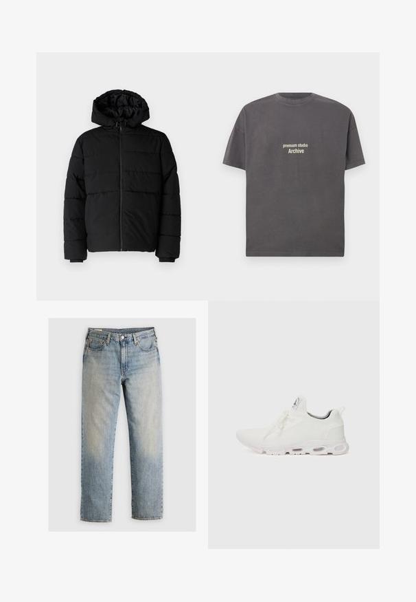 Casaco puffer preto com fecho de correr, capuz e design acolchoado horizontal. Feito de um tecido liso e durável com punhos canelados.; T-shirt de algodão cinza com decote redondo, mangas curtas e texto impresso "premium studio Archive" em branco na frente.; Jeans de denim azul claro com um design de perna reta, estilo de cinco bolsos e costura visível. Lavagem desbotada e detalhes em metal dourado.; Ténis atléticos brancos com um superior em malha texturizada, atacadores planos e uma sola acolchoada com câmaras de ar visíveis para maior suporte.