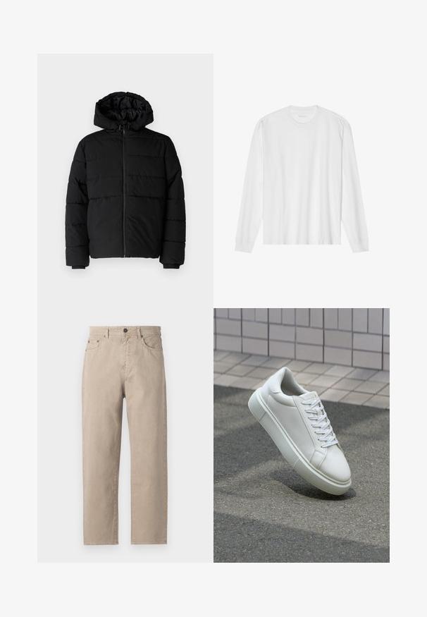 Doudoune noire avec fermeture éclair à l'avant, capuche et design matelassé horizontal. Fabriquée dans un tissu lisse et durable avec des poignets côtelés.; T-shirt en coton blanc à manches longues avec un col rond et des poignets côtelés. Design simple et sans ornements, avec une texture lisse et une coupe standard.; Pantalons en coton beige avec une coupe droite, dotés d'une fermeture par bouton, de cinq poches et de détails de couture discrets. Texture lisse.; Baskets en cuir blanc avec une surface lisse, bout rond et lacets plats blancs. Présentent une semelle en caoutchouc texturée et des éléments de design minimalistes.
