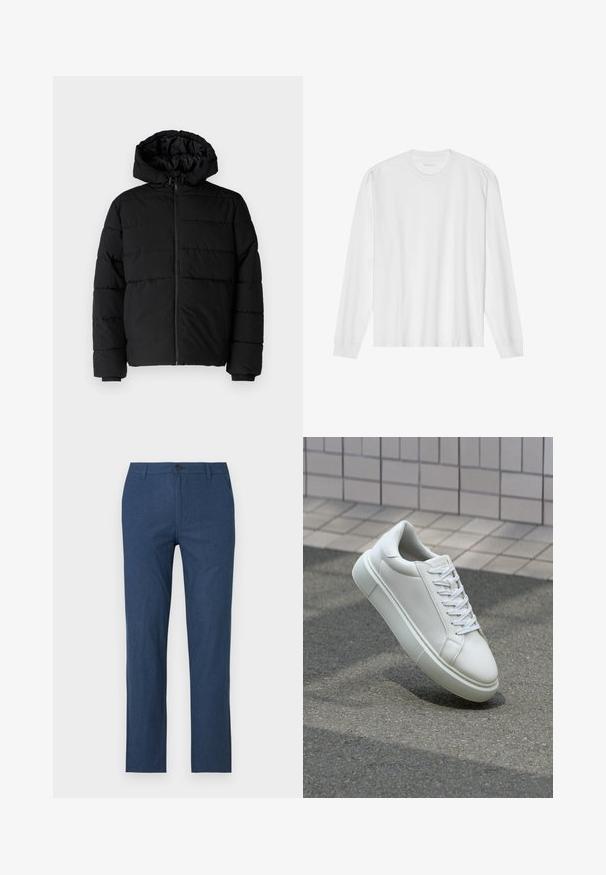 Schwarze Daunenjacke mit Reißverschluss vorne, Kapuze und horizontalem Steppmuster. Hergestellt aus einem glatten, strapazierfähigen Stoff mit gerippten Manschetten.; Langärmliges weißes Baumwoll-T-Shirt mit Rundhalsausschnitt und gerippten Bündchen. Einfaches, ungeschmücktes Design mit glatter Textur und normaler Passform.; Marineblaue Hose aus leichtem Stoff, mit geradem Schnitt, Reißverschluss, Knopfverschluss und Seitentaschen.; Weiße Leder-Sneaker mit glatter Oberfläche, runder Zehenpartie und flachen weißen Schnürsenkeln. Verfügt über eine strukturierte Gummisohle und minimalistische Designelemente.