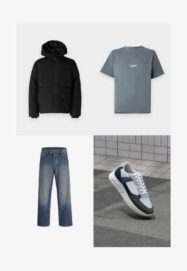 Crni puffer kaput s patentnim zatvaračem sprijeda, kapuljačom i horizontalnim šavovima. Izrađen od glatkog, izdržljivog materijala s rebrastim manžetama.; Siva pamukasta majica s okruglim izrezom, kratkim rukavima i malim bijelim logotipom "JJ Studios" na prsima. Glatka tekstura i opušteni kroj.; Plave traperice s širokim krojem, s izblijedjelim dizajnom, pet džepova, petljama za remen te kopčanjem na dugme i zatvaračem.; Bijela, mornarsko plava i siva tenisica s dizajnom od miješanih materijala, koja ima teksturirani gornji dio, ravne vezice i udoban đon.