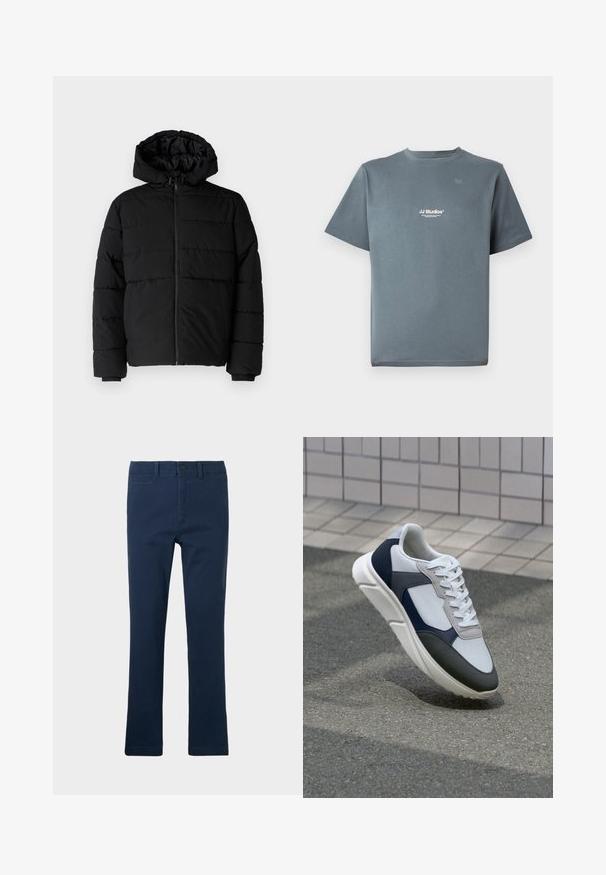 Casaco puffer preto com fecho de correr, capuz e design acolchoado horizontal. Feito de um tecido liso e durável com punhos canelados.; T-shirt cinza de algodão com decote redondo, mangas curtas e um pequeno logótipo branco "JJ Studios" no peito. Textura suave e corte descontraído.; Calças de algodão azul-marinho com um design de perna reta, apresentando bolsos frontais, fecho de correr e um único fecho de botão.; Sapatilhas brancas, azuis-marinho e cinzas com um design de materiais mistos, apresentando uma parte superior texturizada, atacadores planos e uma sola acolchoada.