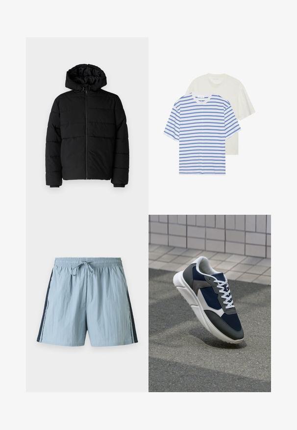 Zwarte pufferjack met een ritssluiting aan de voorkant, een capuchon en een horizontaal gestikt ontwerp. Gemaakt van een gladde, duurzame stof met ribgebreide manchetten.; Twee T-shirts met korte mouwen: één wit met blauwe strepen en één effen lichtroom. Zacht katoenmateriaal, ronde halsontwerp, ontspannen pasvorm.; Lichtblauwe zwembroek met een elastische tailleband en trekkoord. Heeft marineblauwe zijpanelen en witte bies langs de zijkanten. Lichtgewicht stof.; Sneaker met een marineblauwe mesh bovenwerk, grijze suède accenten, witte rubberen zool en platte witte veters, ontworpen voor comfort en ademend vermogen.