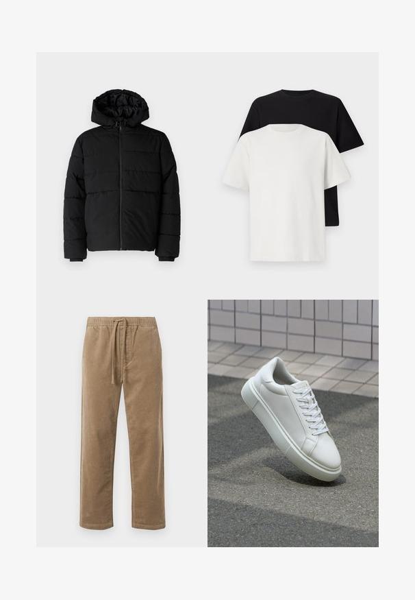 Černá péřová bunda s předním zipem, kapucí a vodorovným prošíváním. Vyrobena z hladké a odolné látky s žebrovanými manžetami.; Sada bavlněných triček, která obsahuje černé a bílé tričko, obě s krátkým rukávem, kulatým výstřihem a standardním střihem. Texturovaná látka.; Hnědé manšestrové kalhoty s elastickým pasem a šňůrkou, se uvolněným střihem a rovnými nohavicemi, texturovaný povrch s ribbovým vzorem.; Bílé kožené tenisky s hladkým povrchem, kulatou špičkou a plochými bílými tkaničkami. Disponují texturovanou gumovou podrážkou a minimálními designovými prvky.