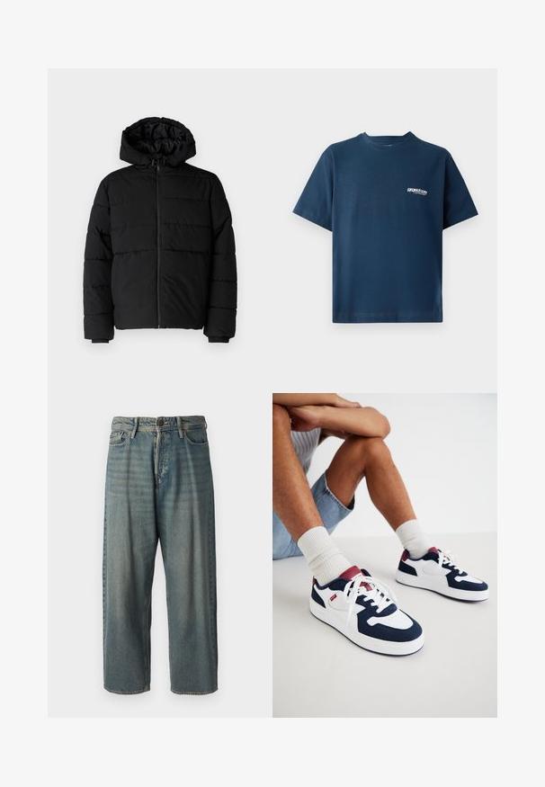 Fekete puff dzseki cipzárral elöl, kapucnival és vízszintes steppelt mintázattal. Simább, tartós anyagból készült, bordázott mandzsettákkal.; Sötétkék pamut póló rövid ujjakkal és kerek nyakkivágással. Bal mellen egy kis fehér logó található. Puha tapintású.; Világoskék farmernadrág, laza fazonnal, közepes derékbőséggel és egyenes szárral. Öt zsebet, övbucskát és gombos záródást tartalmaz.; Sötétkék és fehér sneaker, velúrból és hálós anyagból készült, piros kiemeléssel a saroknál és fehér fűzőkkel, bordázott talppal.