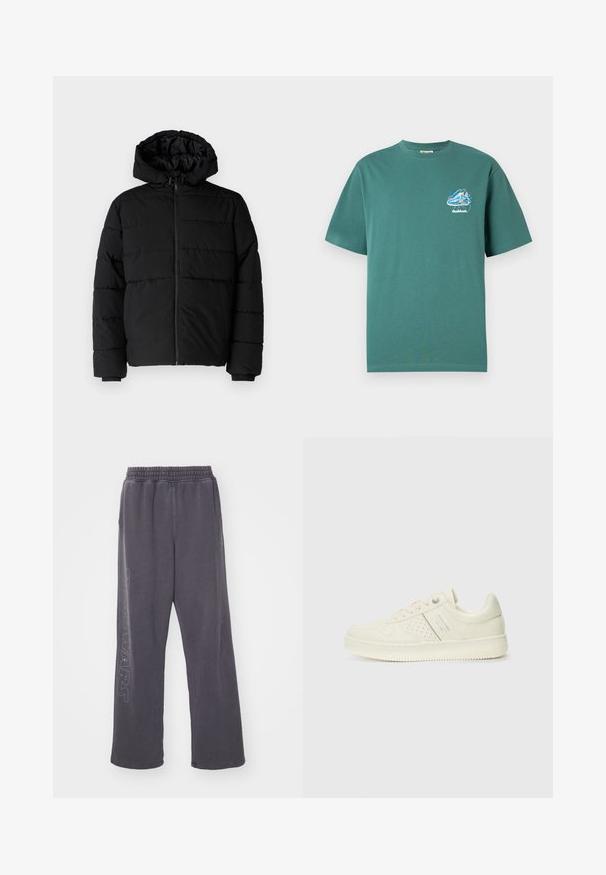 Svart boblejakke med glidelås foran, hette og horisontalt quiltet design. Laget av et glatt, slitesterkt stoff med ribbede cuffs.; Grønn bomull T-skjorte med korte ermer, med et lite, fargerikt grafisk design på venstre bryst. Lett vekst, vanlig passform.; Grå bomullssweatpants med løs passform, elastisk midje og "STAR WARS" grafikk langs venstre bein. Har en glatt tekstur.; Kremfargede sneakers med perforerte detaljer, snøring og logo på siden, vist mot en enkel hvit bakgrunn.
