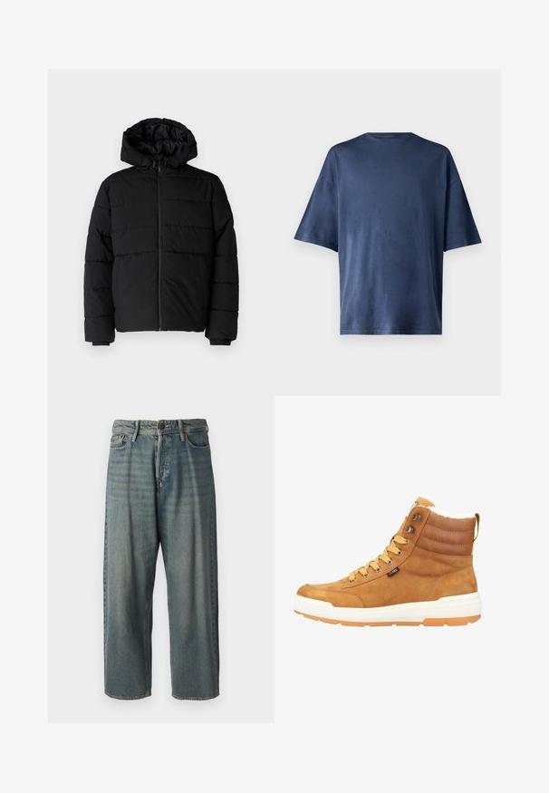 Černá péřová bunda s předním zipem, kapucí a vodorovným prošíváním. Vyrobena z hladké a odolné látky s žebrovanými manžetami.; Tmavě modré tričko s krátkým rukávem, vyrobené z měkké tkaniny, má klasický kulatý výstřih a volný střih, bez viditelných vzorů nebo akcentů.; Světle modré denimové džíny s volným střihem, středně vysokým pasem a rovnými nohavicemi. Obsahují pět kapes, poutka na opasek a zapínání na knoflík.; Hnědé kožené boty vysokého střihu s bílou podrážkou, polstrovaným límcem a žlutými tkaničkami. Obsahují kovové očka a štítek s logem na boku.