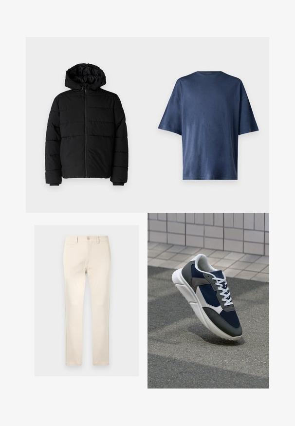 Crni puffer kaput s patentnim zatvaračem sprijeda, kapuljačom i horizontalnim šavovima. Izrađen od glatkog, izdržljivog materijala s rebrastim manžetama.; Mornarsko plava kratka majica s kratkim rukavima, izrađena od mekog materijala, ima klasičan okrugli izrez i ležeran kroj, bez vidljivih uzoraka ili naglasaka.; Bež pamukšne hlače ravnog kroja s jednim prednjim džepom, zatvaračem na gumb i suptilnim detaljima šivanja.; Tenisice s gornjim dijelom od mrežastog materijala tamnoplave boje, siva antilopova naglašavanja, bijela gumena potplat i ravne bijele vezice, dizajnirane za udobnost i prozračnost.