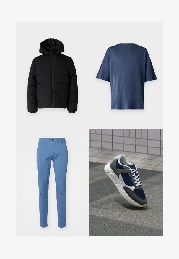 Schwarze Daunenjacke mit Reißverschluss vorne, Kapuze und horizontalem Steppmuster. Hergestellt aus einem glatten, strapazierfähigen Stoff mit gerippten Manschetten.; Marineblaue Kurzarm-T-Shirt aus weichem Stoff, mit klassischen Rundhalsausschnitt und lockerer Passform, ohne sichtbare Muster oder Akzente.; DOCKERS SMART SUPREME FLEX SKINNY - Chino - bluefin; Sneaker mit einem Obermaterial aus navyblauem Mesh, grauen Wildlederelementen, einer weißen Gummisohle und flachen weißen Schnürsenkeln, entworfen für Komfort und Atmungsaktivität.