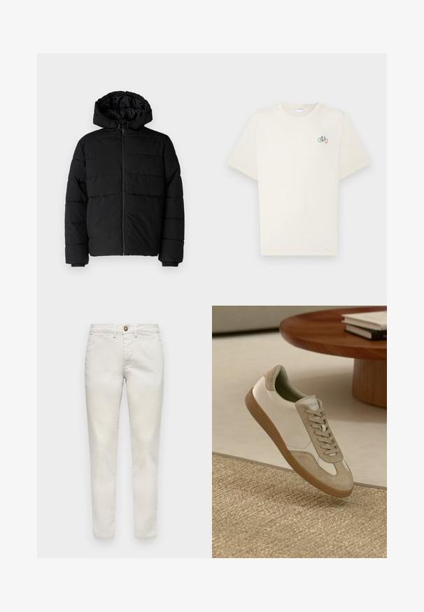 Svart boblejakke med glidelås foran, hette og horisontalt quiltet design. Laget av et glatt, slitesterkt stoff med ribbede cuffs.; Kremfarget bomull T-skjorte med korte ermer, med et lite flerfarget sykkelgrafikk på venstre bryst.; Beige bomullsbukser med slim fit, med knappelukking, sidelommer og en glatt tekstur. Standardlengde med rullede sømmer.; Lett sko med en hvit skinn-overdel og beige semsket skinn-detaljer, rund tupp og en teksturert brun gummisåle.