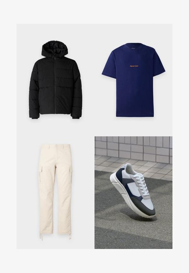 Casaco puffer preto com fecho de correr, capuz e design acolchoado horizontal. Feito de um tecido liso e durável com punhos canelados.; T-shirt de algodão azul-marinho com mangas curtas. Apresenta um pequeno logótipo bordado laranja no peito. Design clássico de gola redonda.; Calças cargo bege feitas de um tecido misto de algodão. As características incluem dois bolsos laterais, um design de perna reta e cordões ajustáveis nas bainhas.; Sapatilhas brancas, azuis-marinho e cinzas com um design de materiais mistos, apresentando uma parte superior texturizada, atacadores planos e uma sola acolchoada.