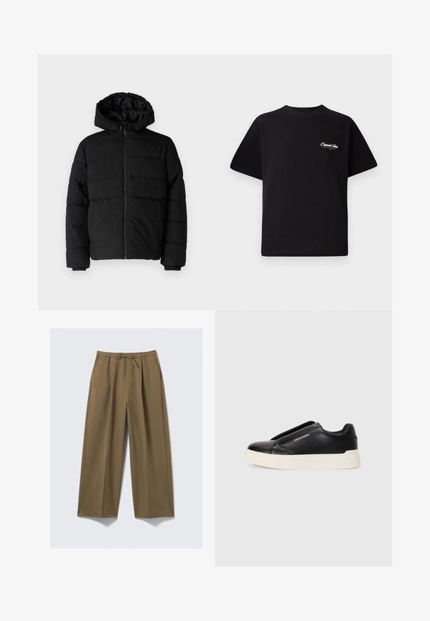 Casaco puffer preto com fecho de correr, capuz e design acolchoado horizontal. Feito de um tecido liso e durável com punhos canelados.; T-shirt de algodão preto com decote redondo, mangas curtas e pequeno texto de logo branco no lado esquerdo do peito. Design simples, corte clássico.; Calças largas em verde oliva, feitas de tecido suave com um cós elástico e cordão ajustável. Apresenta dois bolsos laterais.; Sapatilha escorregadia preta com parte superior em couro texturizado, sola de borracha branca e sem atacadores visíveis. Apresenta o logótipo da marca na lateral.