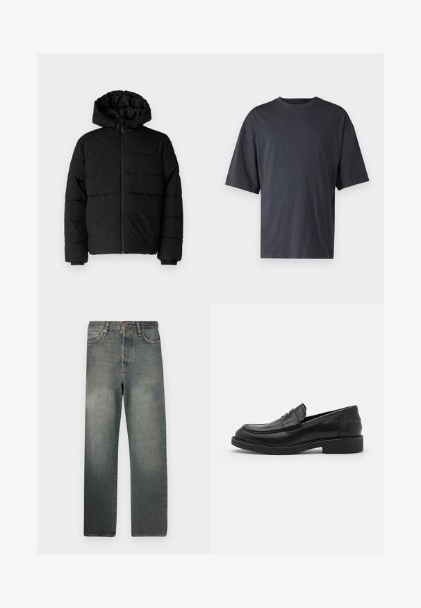 Fekete puff dzseki cipzárral elöl, kapucnival és vízszintes steppelt mintázattal. Simább, tartós anyagból készült, bordázott mandzsettákkal.; Sötét szürke, rövid ujjú póló, könnyű pamutból készült, laza szabással és klasszikus kerek nyakkivágással, sima textúrájú és minták nélküli.; Jack & Jones JJIALEX JJCOOPER - Túlméretezett farmernadrág - black denim; Fekete bőr loaferek lekerekített orral, tónusos varrással és egy csíkkal az elején. Gumi talp alacsony sarkúval.