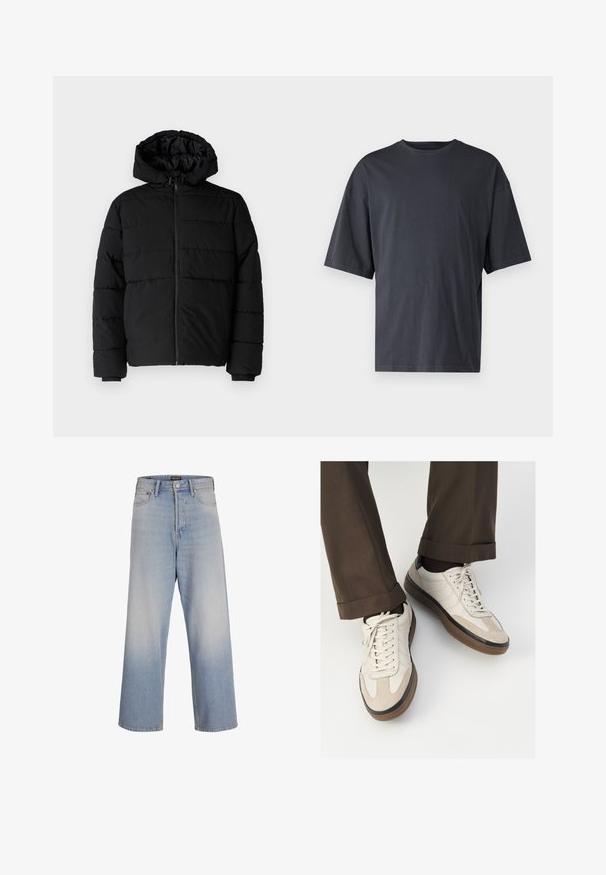 Casaco puffer preto com fecho de correr, capuz e design acolchoado horizontal. Feito de um tecido liso e durável com punhos canelados.; T-shirt de manga curta, cinza escuro, feita de algodão leve, com um corte solto e decote redondo clássico, com textura lisa e sem padrões.; Jeans de perna larga em azul claro, feitos de denim, com uma cintura alta, bolsos frontais e um efeito de lavagem desbotada para uma aparência texturizada.; Tênis bege com frente em camurça texturizada, lados em couro liso e sola em borracha marrom. Inclui cadarços e detalhes de costura clara.