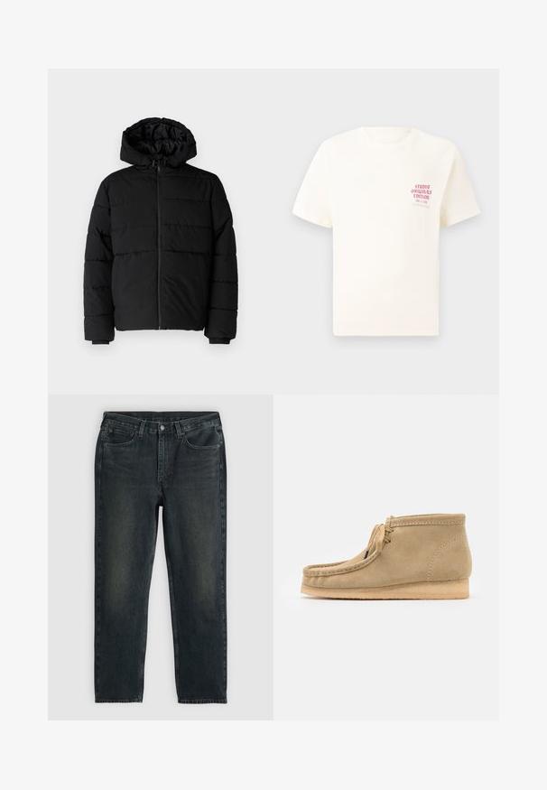 Fekete puff dzseki cipzárral elöl, kapucnival és vízszintes steppelt mintázattal. Simább, tartós anyagból készült, bordázott mandzsettákkal.; Fehér, rövid ujjú póló, bal mellen piros szöveggel "Studio Originals Edition", semleges szürke háttér előtt.; Sötétkék farmernadrág, egyenes fazonnal, ött zsebbel, cipzáras sliccel és kontrasztos varrással. A szövet enyhe kopása.; Beige velúr bokacsizma lekerekített orral, lapos talppal és egyszerű fűzős dizájnnal. Látható varrásokkal és sima textúrával rendelkezik.