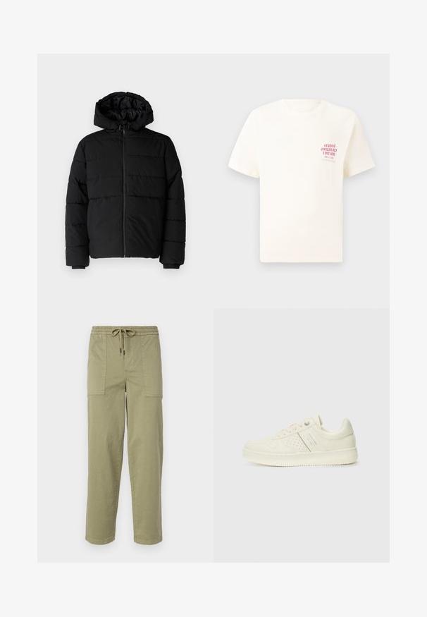 Fekete puff dzseki cipzárral elöl, kapucnival és vízszintes steppelt mintázattal. Simább, tartós anyagból készült, bordázott mandzsettákkal.; Fehér, rövid ujjú póló, bal mellen piros szöveggel "Studio Originals Edition", semleges szürke háttér előtt.; Világos olíva zöld színű, pamut keverékből készült nadrág, rugalmas derékrésszel és zsinórral, valamint két nagy oldalzsebbel.; Krém színű sneaker perforált részletekkel, fűzőkkel és logóval az oldalán, egy sima fehér háttér előtt kiállítva.