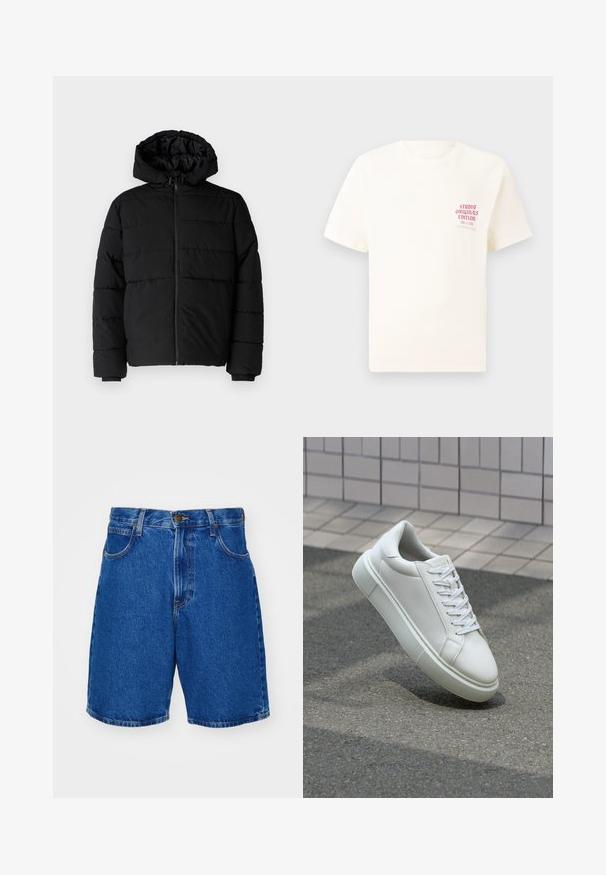 Casaco puffer preto com fecho de correr, capuz e design acolchoado horizontal. Feito de um tecido liso e durável com punhos canelados.; T-shirt branca de mangas curtas com o texto vermelho "Edição Originais do Estúdio" no lado esquerdo do peito, apresentada sobre um fundo cinza neutro.; Calções de ganga desgastados em azul brilhante, com um corte reto, design de cinco bolsos e detalhes em dourado na cintura e nas costuras.; Tênis de couro branco com superfície lisa, bico redondo e cadarços brancos planos. Apresenta uma sola de borracha texturizada e elementos de design minimalistas.