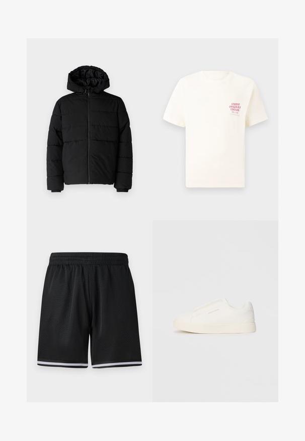 Chaqueta acolchada negra con cremallera frontal, capucha y diseño acolchado horizontal. Fabricada con un tejido suave y duradero con puños acanalados.; Camiseta blanca de manga corta con el texto rojo "Edición de Studio Originals" en el lado izquierdo del pecho, exhibida sobre un fondo gris neutro.; Pantalones cortos atléticos de malla negra con una cintura elástica, con rayas blancas a lo largo del dobladillo para un detalle adicional. Material ligero y transpirable.; Zapatillas blancas tipo slip-on con una superficie texturizada, suela gruesa y diseño minimalista. Presenta el logo de la marca en un lado.