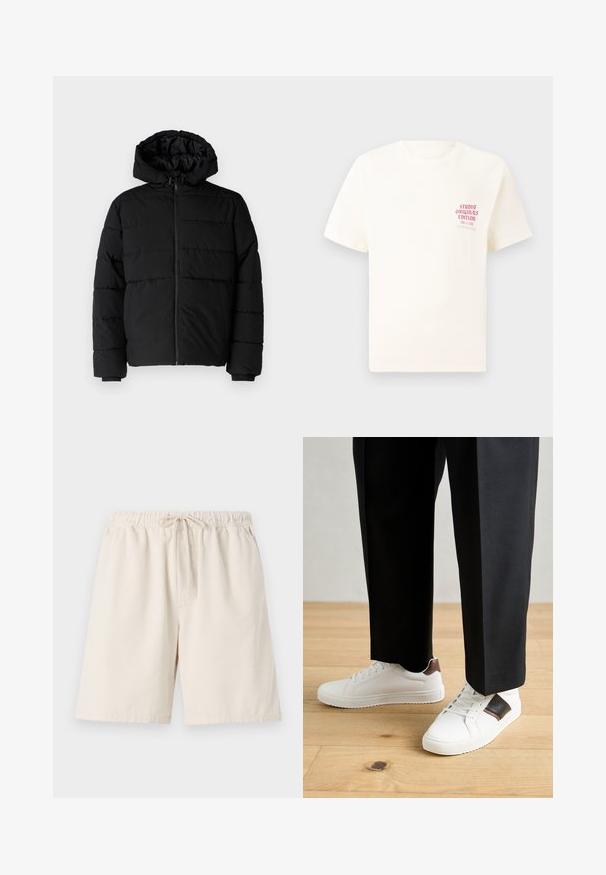 Doudoune noire avec fermeture éclair à l'avant, capuche et design matelassé horizontal. Fabriquée dans un tissu lisse et durable avec des poignets côtelés.; T-shirt blanc à manches courtes avec le texte rouge "Édition Originals du Studio" sur la poitrine gauche, présenté sur un fond gris neutre.; Shorts côtelés beige clair avec une taille élastique et un cordon de serrage. Comprend des poches latérales et une coupe décontractée. Matière en mélange de coton.; Des sneakers blanches au texture lisse, avec des accents en cuir marron et des détails noirs, assorties à un pantalon noir ajusté. Fond en parquet.