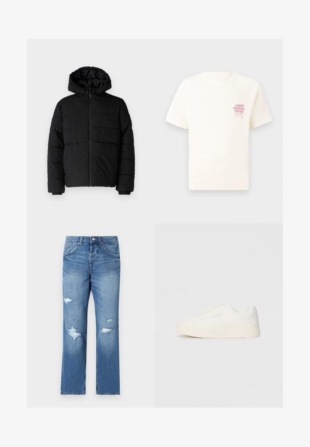 Schwarze Daunenjacke mit Reißverschluss vorne, Kapuze und horizontalem Steppmuster. Hergestellt aus einem glatten, strapazierfähigen Stoff mit gerippten Manschetten.; Weißes T-Shirt mit kurzen Ärmeln und rotem Text "Studio Originals Edition" auf der linken Brust, präsentiert vor einem neutralen grauen Hintergrund.; Helle blaue Denim-Jeans mit regular Fit, die über beschädigte Stellen und fransige Kanten verfügen. Mit Knopfverschluss und Fünf-Taschen-Design.; Weiße Slip-On-Sneaker mit einer strukturierten Oberfläche, dicker Sohle und minimalistischem Design. Mit Logo der Marke an der Seite.