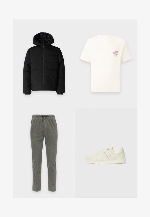 Μαύρο μπουφάν με φερμουάρ μπροστά, κουκούλα και οριζόντιο ραμμένο σχέδιο. Κατασκευασμένο από ομαλό, ανθεκτικό ύφασμα με ριγέ μανσέτες.; Άσπρη κοντομάνικη μπλούζα με κόκκινο κείμενο "Studio Originals Edition" στο αριστερό στήθος, παρουσιασμένη σε ουδέτερο γκρι φόντο.; Κερδούρ παντελόνι σε ελαιόχρωμο, με ελαστική μέση και κορδόνι, ίσια πόδια και υφή υφάσματος.; Αθλητικό παπούτσι σε κρέμα χρώμα με διάτρητη λεπτομέρεια, κορδόνια και λογότυπο στο πλάι, τοποθετημένο σε λευκό φόντο.