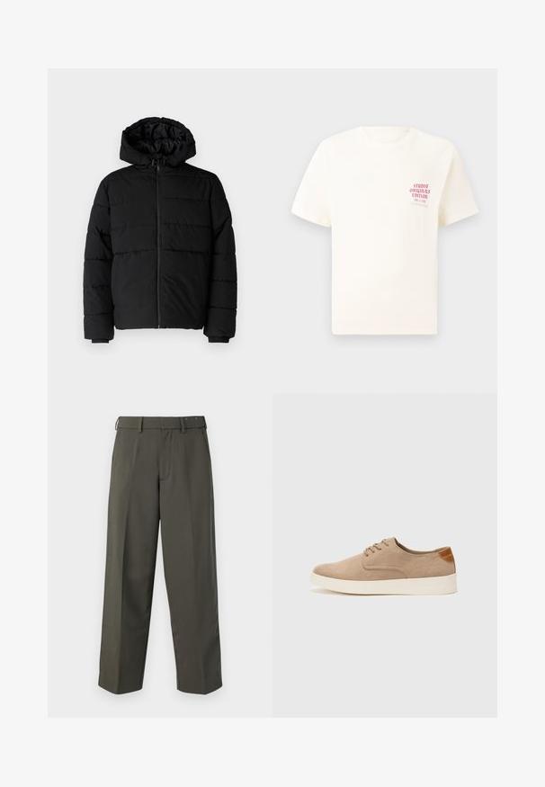 Svart boblejakke med glidelås foran, hette og horisontalt quiltet design. Laget av et glatt, slitesterkt stoff med ribbede cuffs.; Hvit T-skjorte med korte ermer og rød tekst "Studio Originals Edition" på venstre bryst, vist på en nøytral grå bakgrunn.; Mørkegrønne, rette bukser med en glat tekstur, som har flad front, bælteløkker og lynlås-lukning. Ingen synlige mønstre eller pynt.; Beige semskinnsko med rund tå, snøring foran og en teksturert bakre aksent. Hvit gummisåle gir kontrast. Enkelt og moderne design.