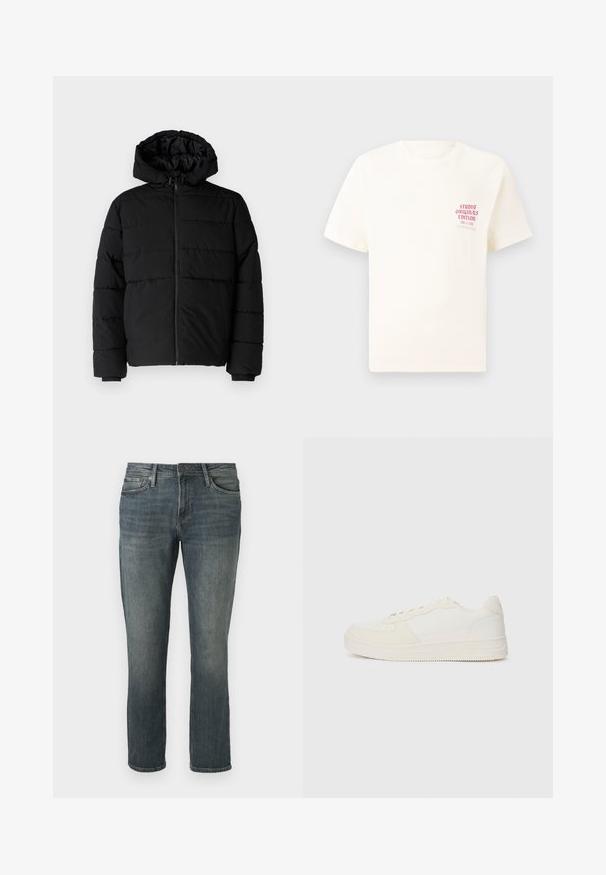 Chaqueta acolchada negra con cremallera frontal, capucha y diseño acolchado horizontal. Fabricada con un tejido suave y duradero con puños acanalados.; Camiseta blanca de manga corta con el texto rojo "Edición de Studio Originals" en el lado izquierdo del pecho, exhibida sobre un fondo gris neutro.; Jeans rectos de color azul con un ligero desgaste en los muslos y las rodillas, cierre frontal con botón y cremallera, y diseño de cinco bolsillos.; Bamba blanca con parte superior de cuero liso y detalles en ante. Presenta una puntera perforada, cordones planos y una suela de goma con detalles texturizados.