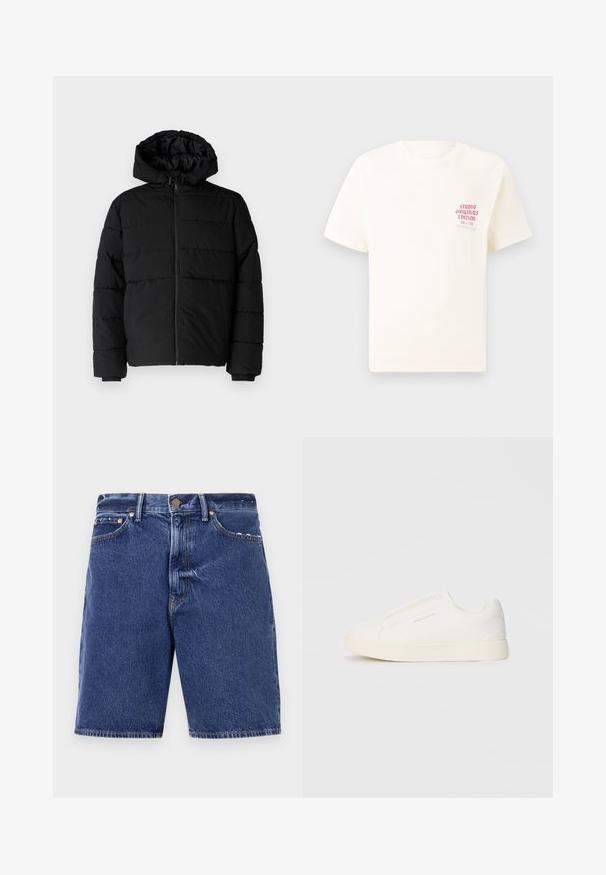Černá péřová bunda s předním zipem, kapucí a vodorovným prošíváním. Vyrobena z hladké a odolné látky s žebrovanými manžetami.; Bílý krátký rukávový tričko s červeným textem "Studio Originals Edition" na levé hrudi, vystavené na neutrálním šedém pozadí.; Džínové šortky v tmavě modré barvě s klasickým střihem, se zapínáním na knoflík, pěti kapsami a kontrastním oranžovým prošíváním.; Bílé slip-on tenisky s texturovaným povrchem, silnou podešví a minimalistickým designem. Na boku je umístěno logo značky.
