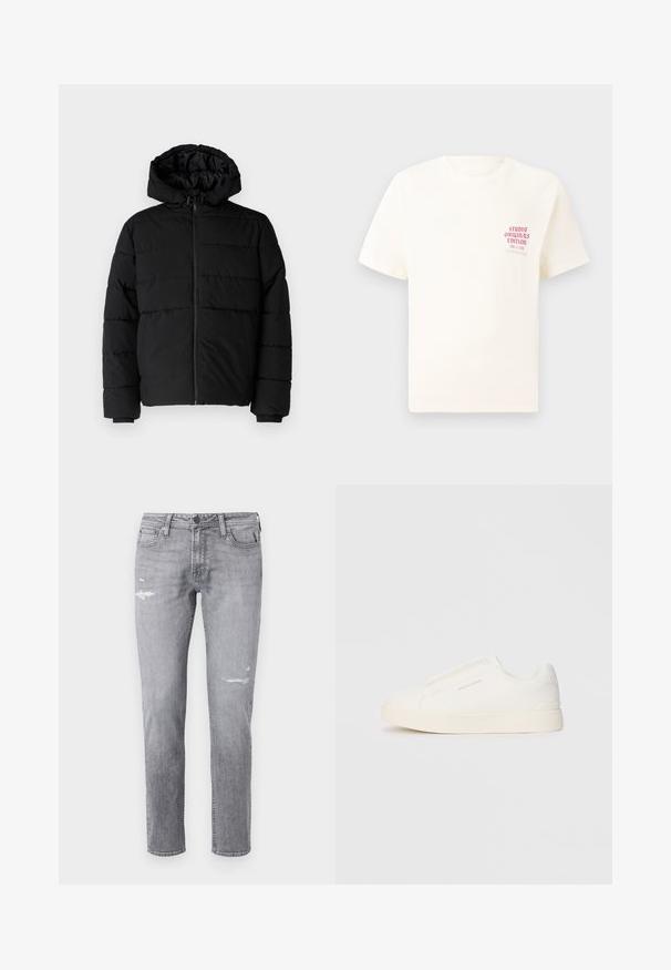 Crni puffer kaput s patentnim zatvaračem sprijeda, kapuljačom i horizontalnim šavovima. Izrađen od glatkog, izdržljivog materijala s rebrastim manžetama.; Bijela kratka majica s kratkim rukavima s crvenim natpisom "Studio Originals Edition" na lijevoj strani grudi, prikazana na neutralnoj sivoj pozadini.; Svijetlosive traperice s istrošenim dijelovima i ravnim krojem. Klasični dizajn s pet džepova i metalnim detaljima.; Bijele slip-on tenisice s teksturiranom površinom, debelim đonom i minimalističkim dizajnom. Sadrže logo branda sa strane.