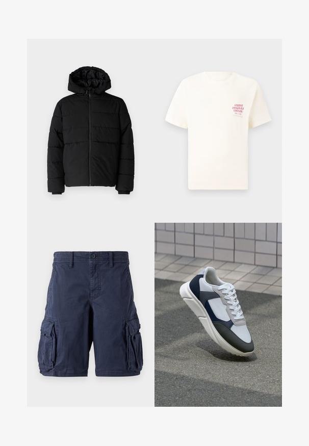 Doudoune noire avec fermeture éclair à l'avant, capuche et design matelassé horizontal. Fabriquée dans un tissu lisse et durable avec des poignets côtelés.; T-shirt blanc à manches courtes avec le texte rouge "Édition Originals du Studio" sur la poitrine gauche, présenté sur un fond gris neutre.; Shorts cargo bleu marine en coton. Ils disposent de plusieurs poches latérales, d'une fermeture à bouton et d'une coupe décontractée. Texture lisse et design durable.; Baskets blanches, bleu marine et grises avec un design en matériaux mélangés, présentant une tige texturée, des lacets plats et une semelle rembourrée.