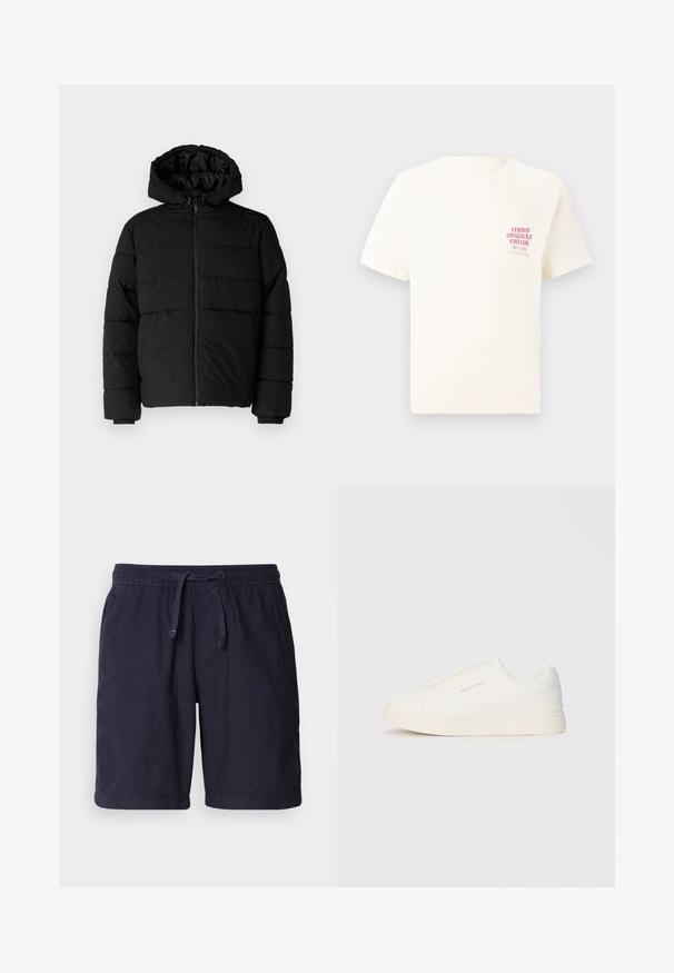 Black puffer jacket featuring a zip front, a hood, and horizontal quilted design. Made of a smooth, durable fabric with ribbed cuffs.; White short-sleeve T-shirt with red text "Studio Originals Edition" on left chest, displayed on a neutral gray background.; Navy blue shorts made of lightweight fabric, featuring an elastic waistband with a drawstring and side pockets. Casual design with stitched hems.; White slip-on sneakers with a textured surface, a thick sole, and minimalistic design. Features brand logo on the side.