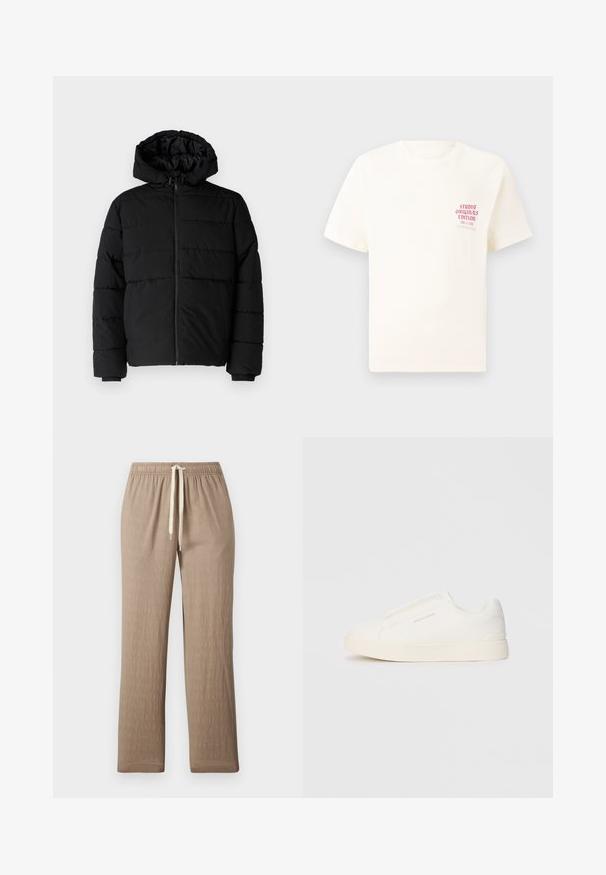 Casaco puffer preto com fecho de correr, capuz e design acolchoado horizontal. Feito de um tecido liso e durável com punhos canelados.; T-shirt branca de mangas curtas com o texto vermelho "Edição Originais do Estúdio" no lado esquerdo do peito, apresentada sobre um fundo cinza neutro.; Calças de tecido texturizado em castanho claro, com cintura elástica e cordão ajustável. Design de perna reta sem padrões ou detalhes visíveis.; Sapatilhas brancas de atacar com uma superfície texturizada, sola grossa e design minimalista. Possui o logo da marca na lateral.